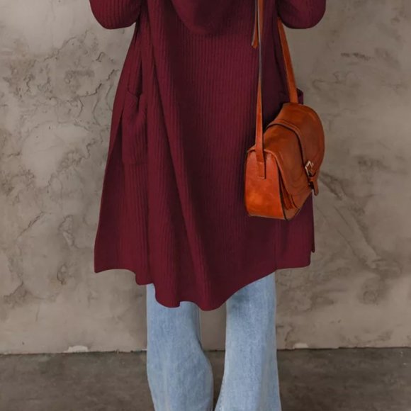 Hooded Knit Cardigan Jacket Burgundy - Picture 4 of 6